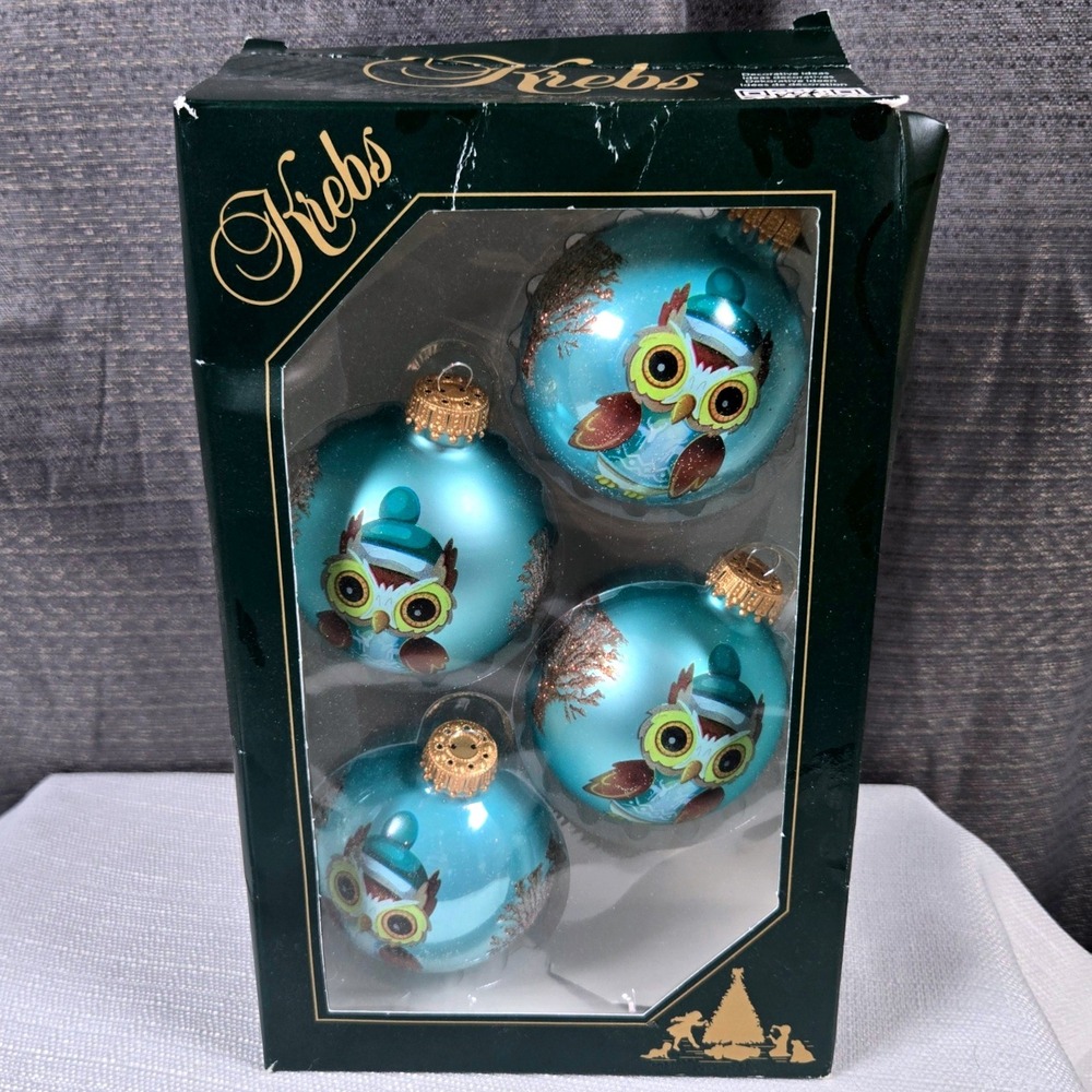 Christmas by Krebs Turquoise Blue Owl Glass Ornaments 2.5" Ball Set of 4 Boxed